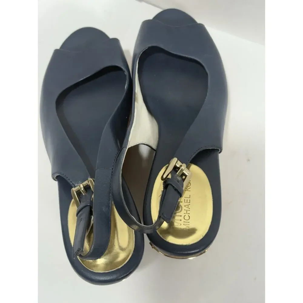 Michael Kors Women's Natalia Sling Back Wedge Cork‎ Sandal Leather Peep Toe 5M